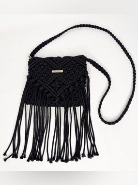 Catherine Malandrino Black Crochet Macramé Long Fringe Crossbody